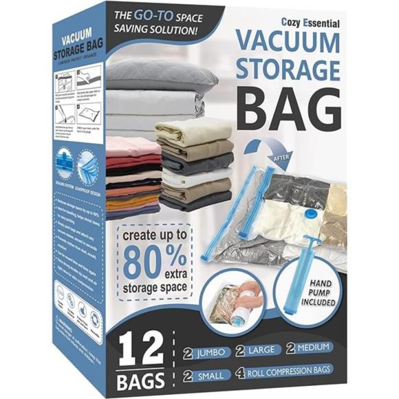 12 Pack Space Saver Bags(2 Jumbo/2 Large/2 Medium/2 Small/4 Roll)Compression Bag - Picture 1 of 7
